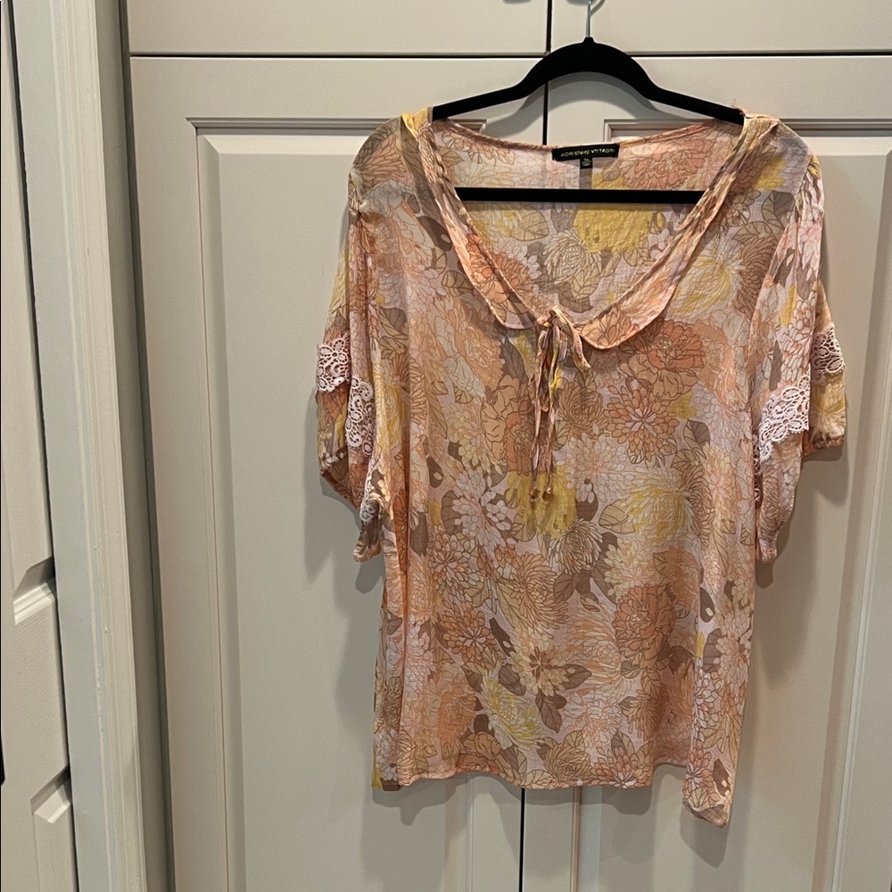 Adrienne Vittadini Floral Blouse with Lace Trim